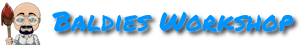 Baldies Worlkshop Banner in blue with 3D shading